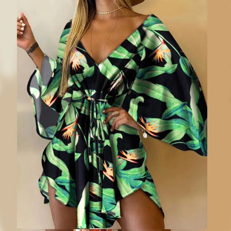 Robe Kimono Plage Femme Imprime Floral Col en V Manches Chauve-Souris | MDN Store 25
