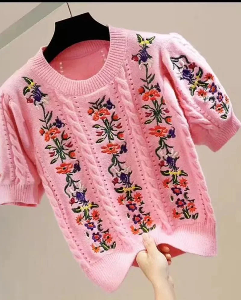 Pull Femme Brodé Vintage Manche Bouffante Col Rond Été - MDN