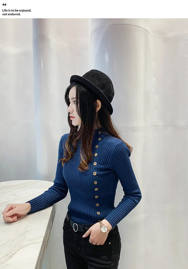 Pull Col Polo Femme Boutons Noir Slim Fit | MDN