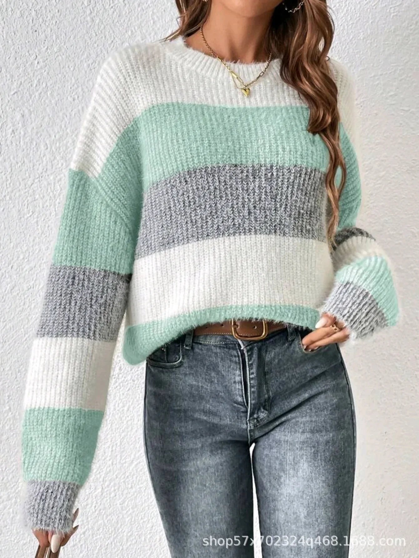 Pull Femme Rayé Col Rond Loose Fit Hiver Épais | MDN