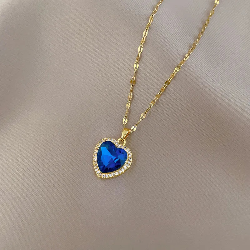 Collier Cœur Acier Inoxydable Zircon Bleu Femme | MDN