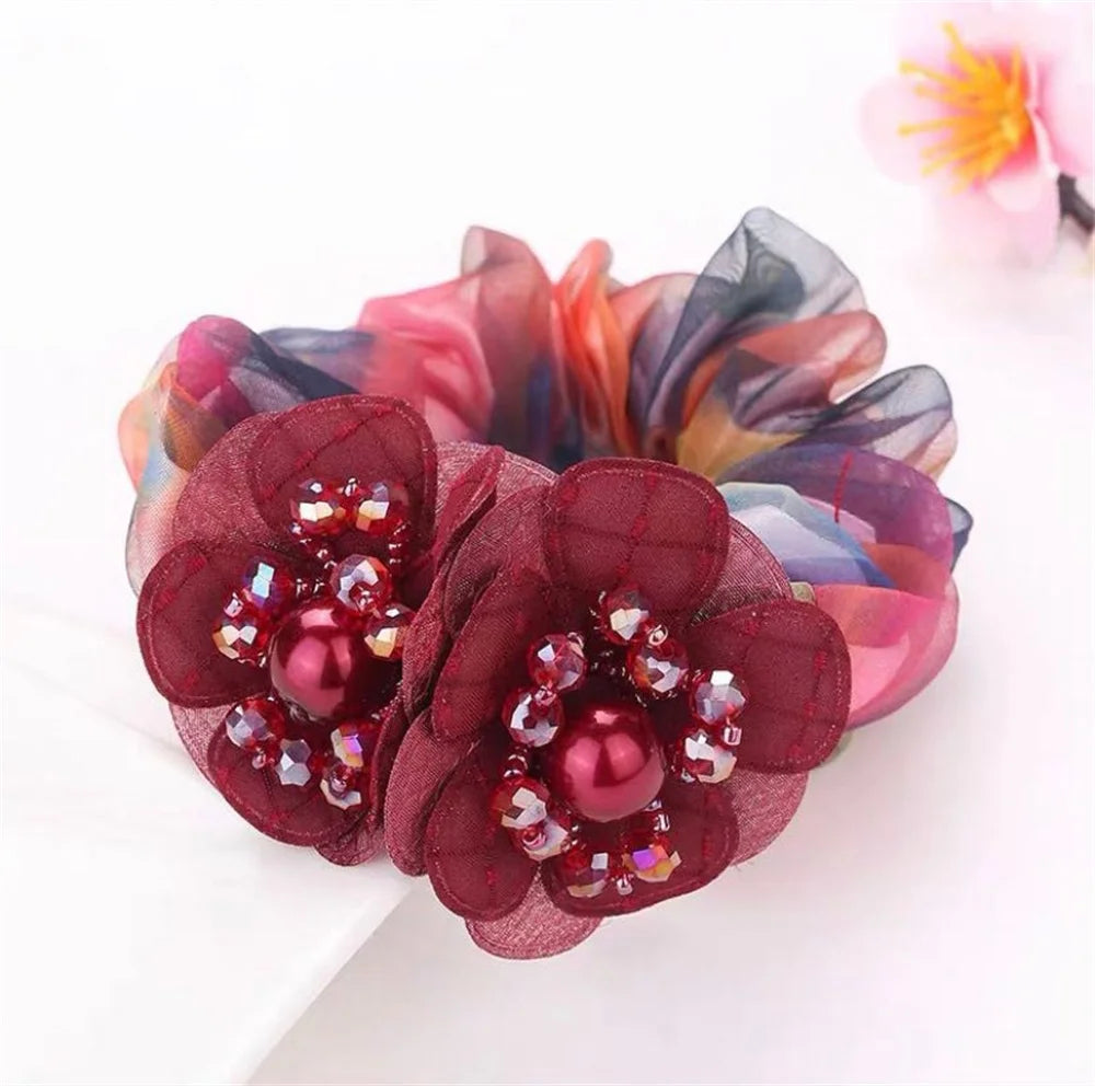 Chouchou Perle Brillante Fleur Organza Transparent - Élastique Cheveux Fille... | MDN Store