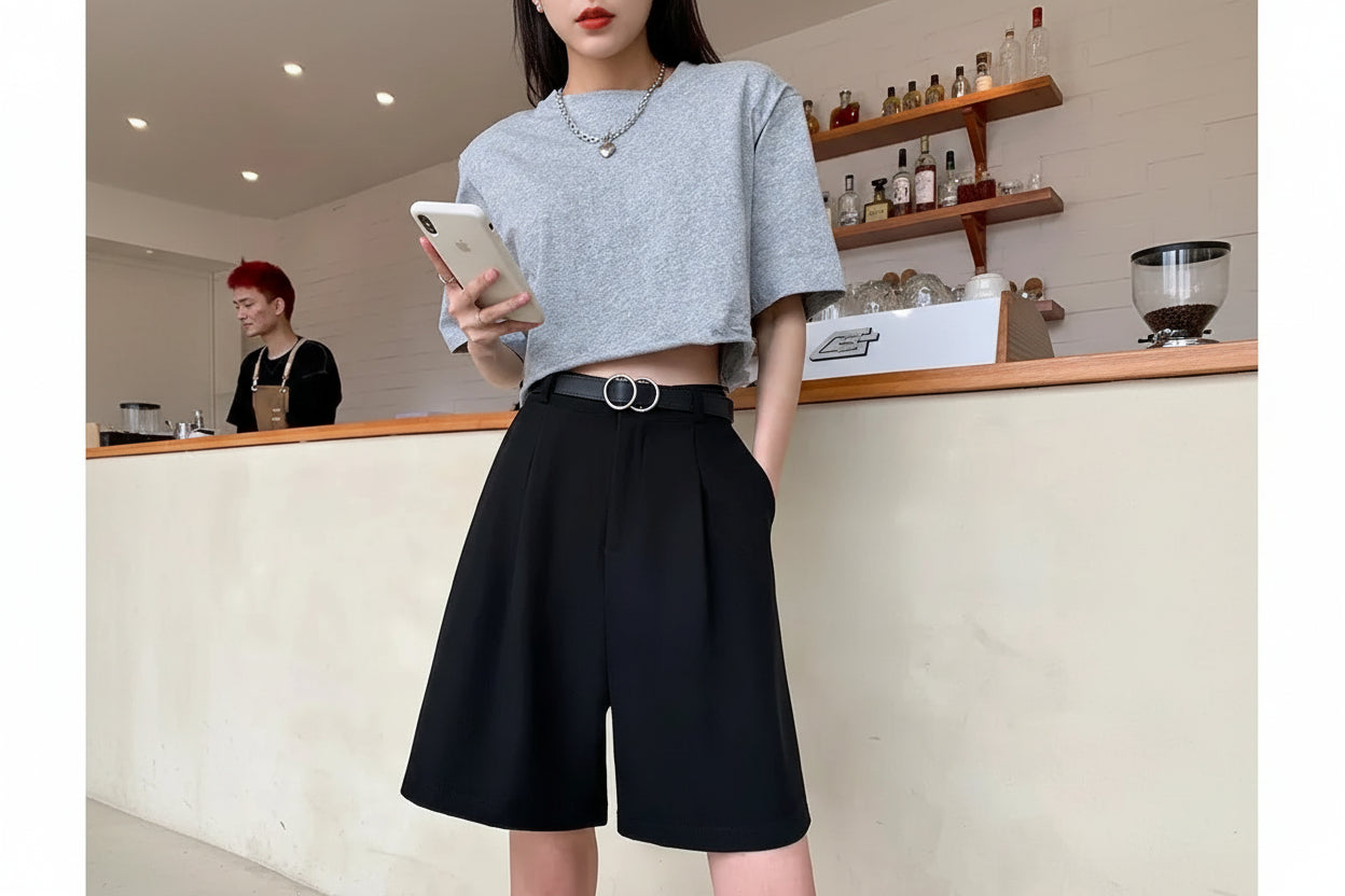 Short Costume Femme Noir Taille Haute Jambes Larges | MDN Store