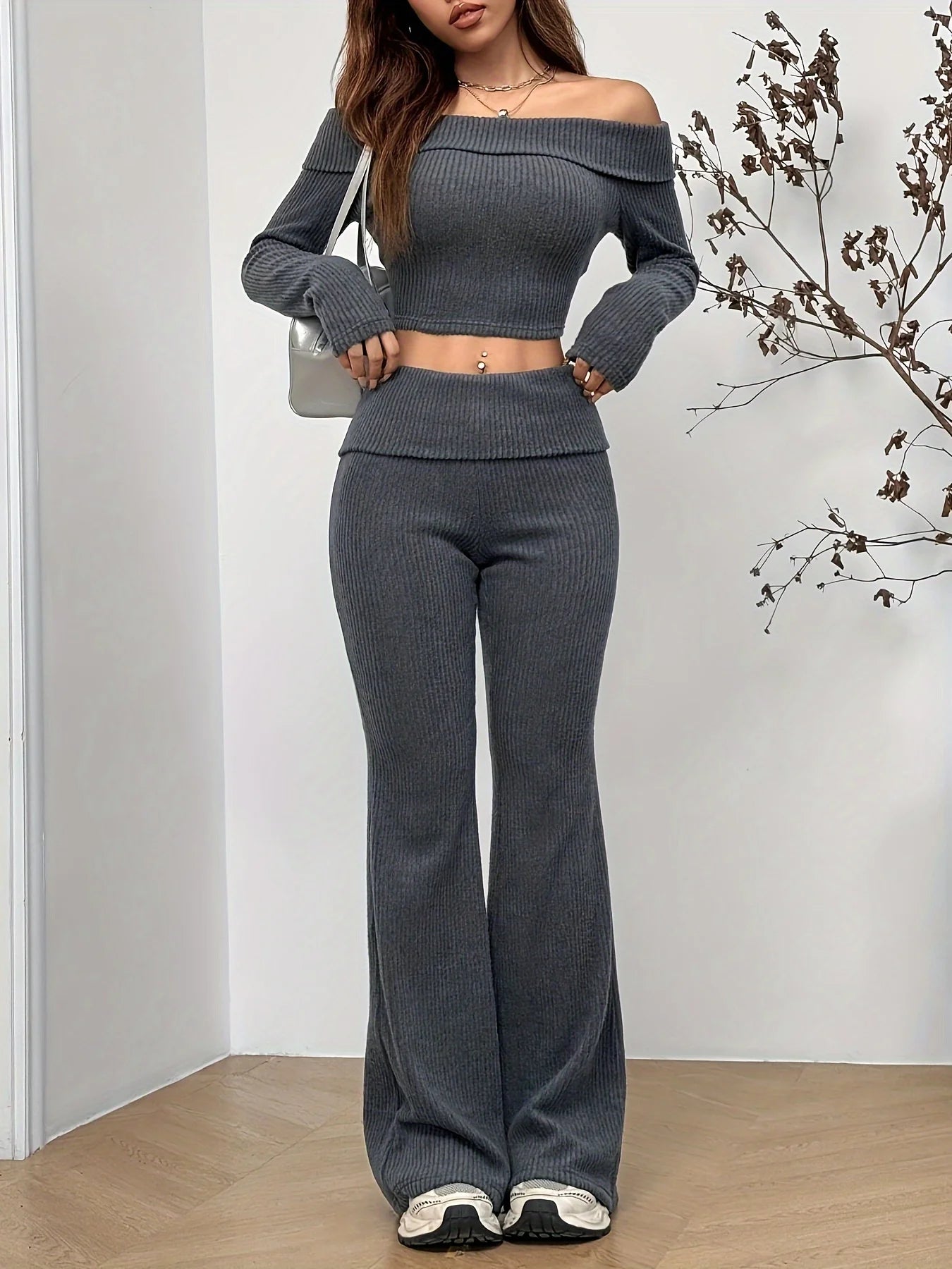 Ensemble Maille Épaule Dénudée Gris | MDN Store