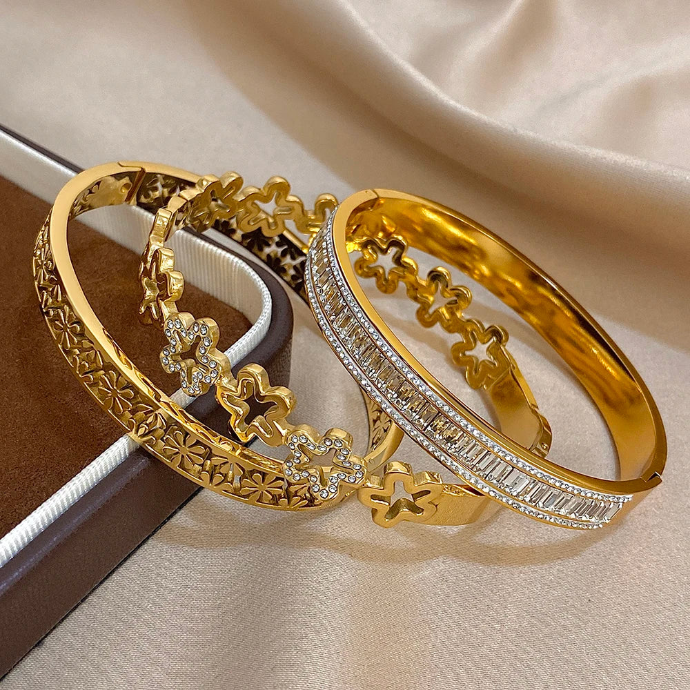 Bracelet Manchette Fleur Strass Acier Inoxydable Retro Femme | MDN Store