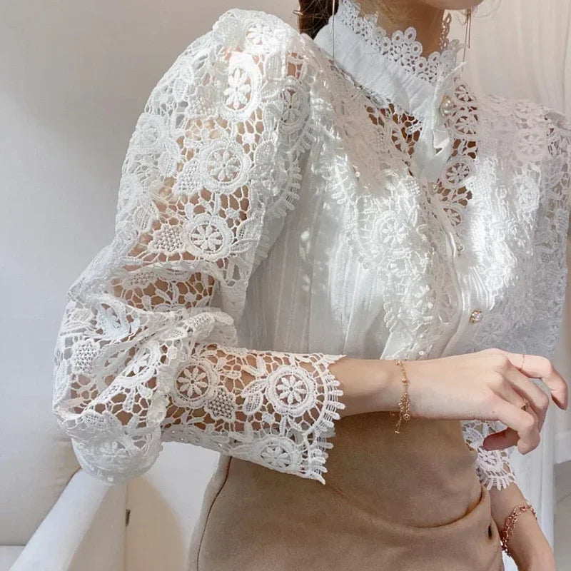 Blouse Femme Col Haut Manches Longues Dentelle | MDN Store