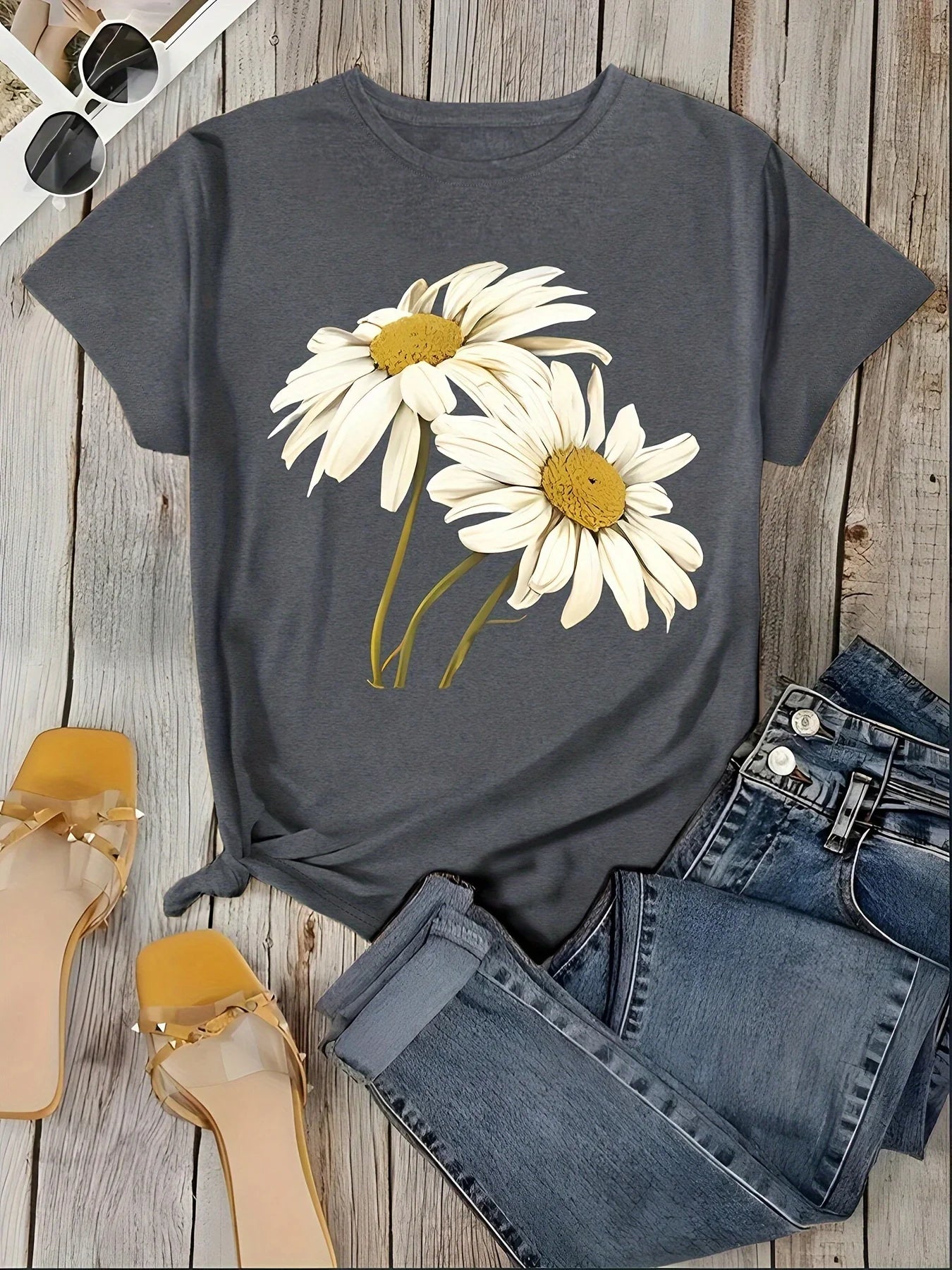 T-Shirt Floral Daisy Femme Style Bohème Décontracté | MDN Store 25