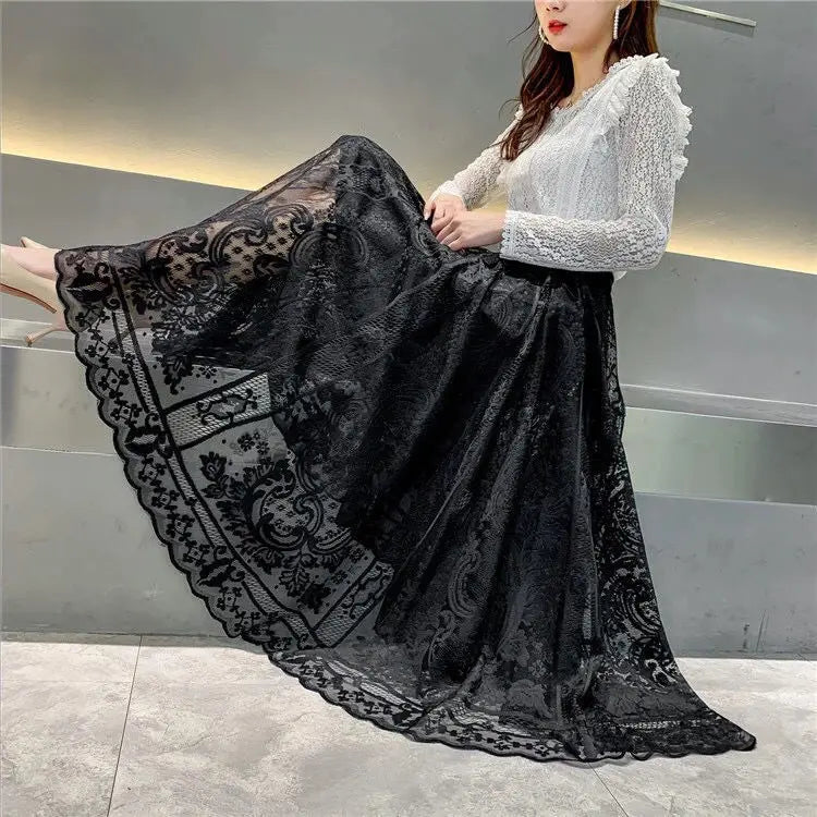 Jupe Longue Dentelle Plissée Taille Haute | MDN Store