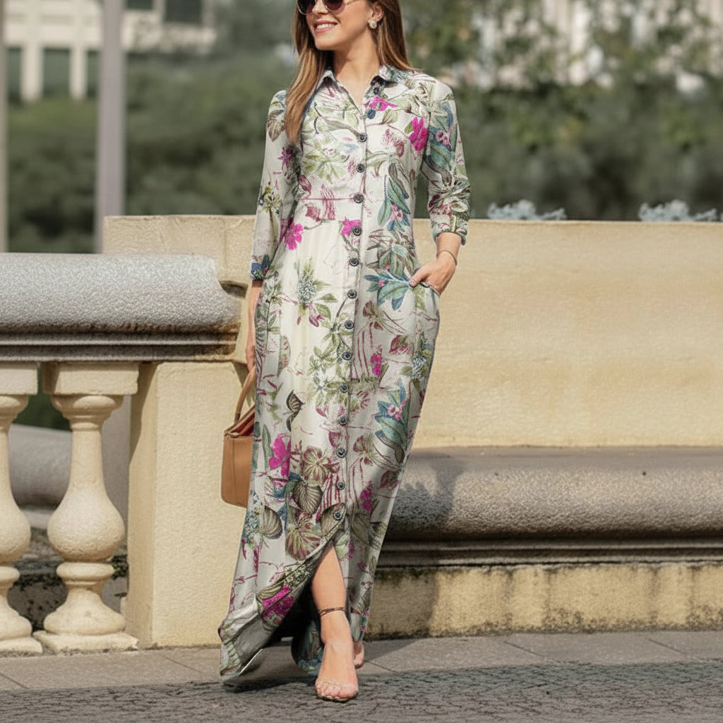 Robe Longue Imprimee Col Chemise Boutonnee Élégante | MDN Store