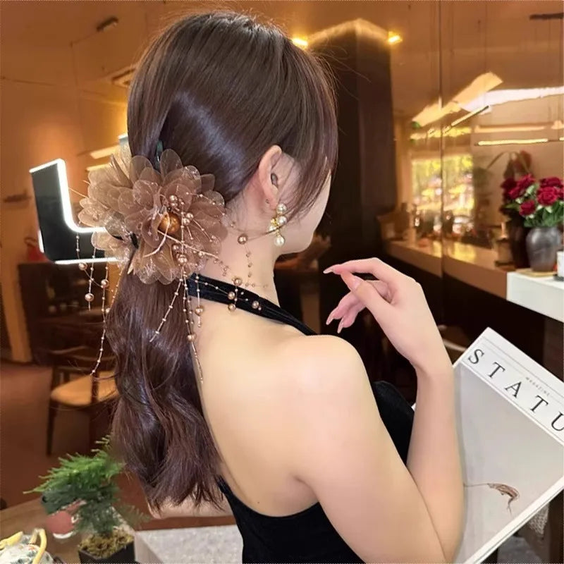 Pince Cheveux Fleur Maille Perle Pompon - Barrette Crabe Élégante | MDN Store