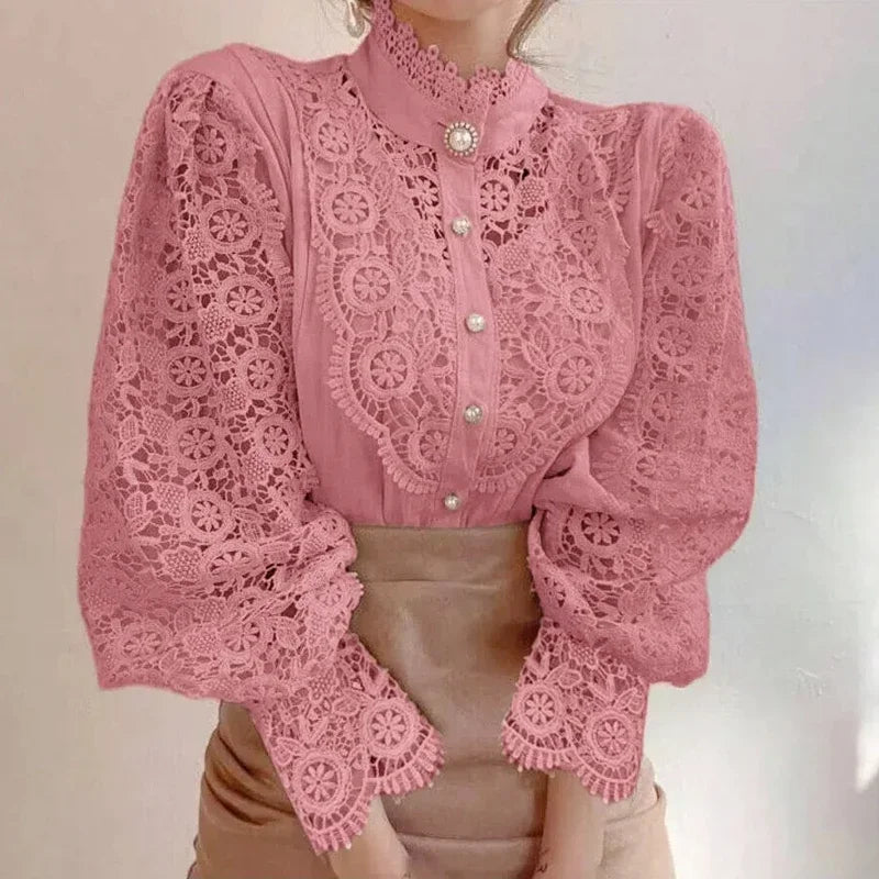 Blouse Femme Col Haut Manches Longues Dentelle | MDN Store