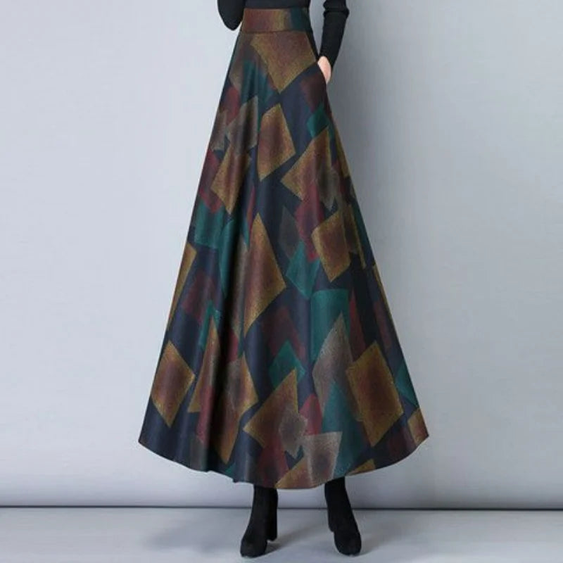 Jupe Midi Femme Laine Imprimée Taille Haute - Automne Hiver A-line | MDN Store