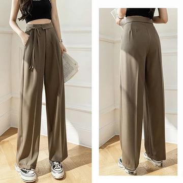 Pantalon Femme Taille Haute Lacets - Jambe Droite Costume Bureau Chic Kaki | MDN Store
