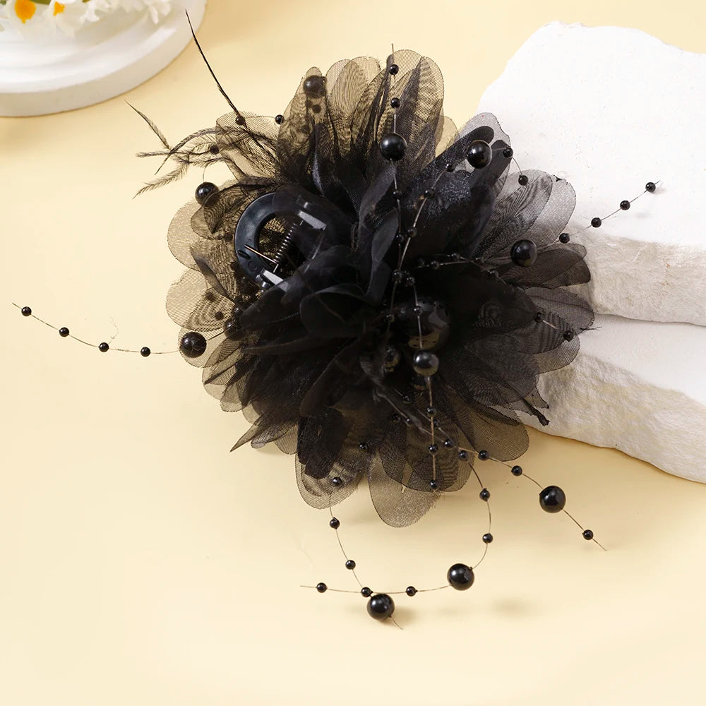 Pince Cheveux Fleur Maille Perle Pompon - Barrette Crabe Élégante | MDN Store