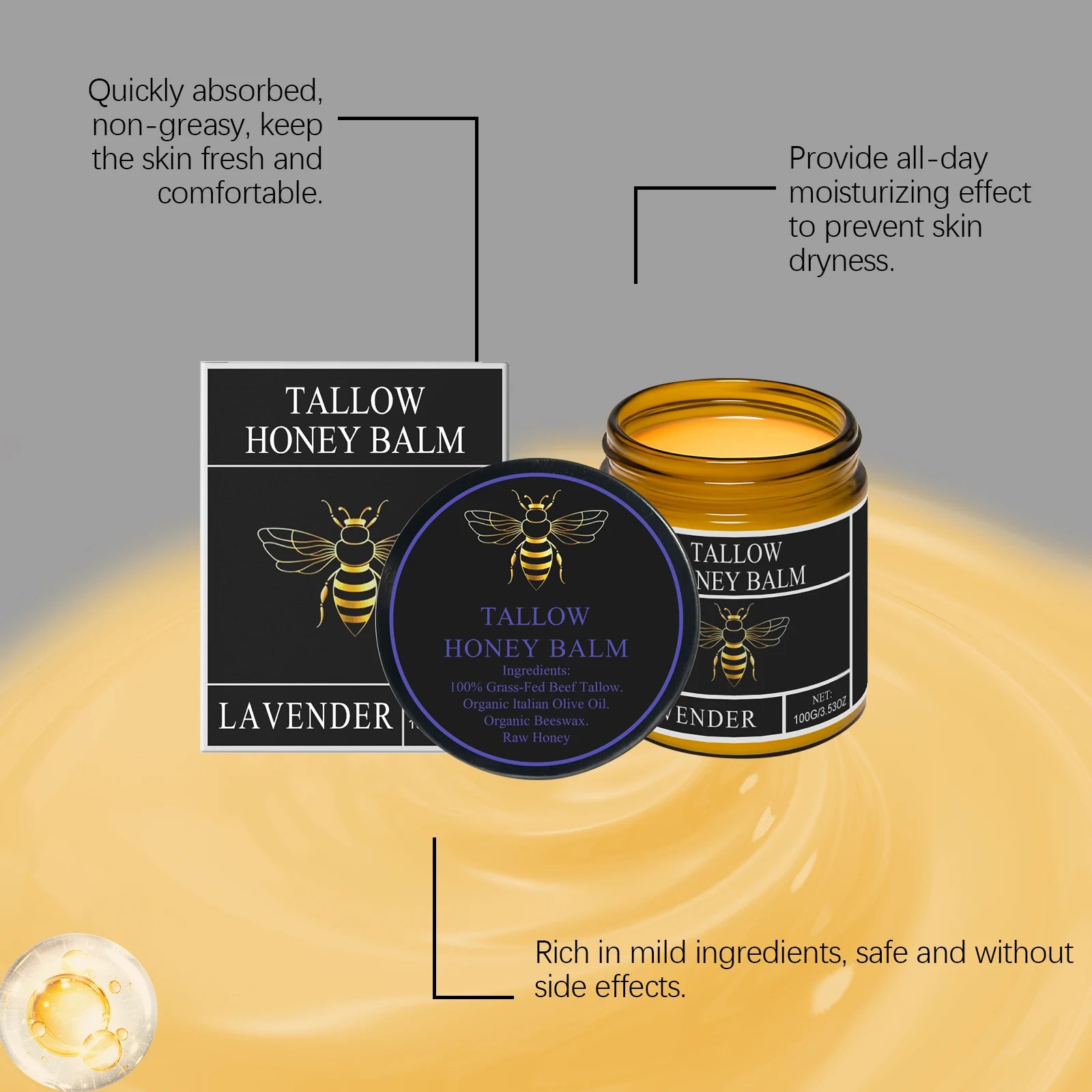 Crème Suif de Bœuf Miel Fouetté Visage Corps Hydratant Absorption Rapide 100g | MDN Store