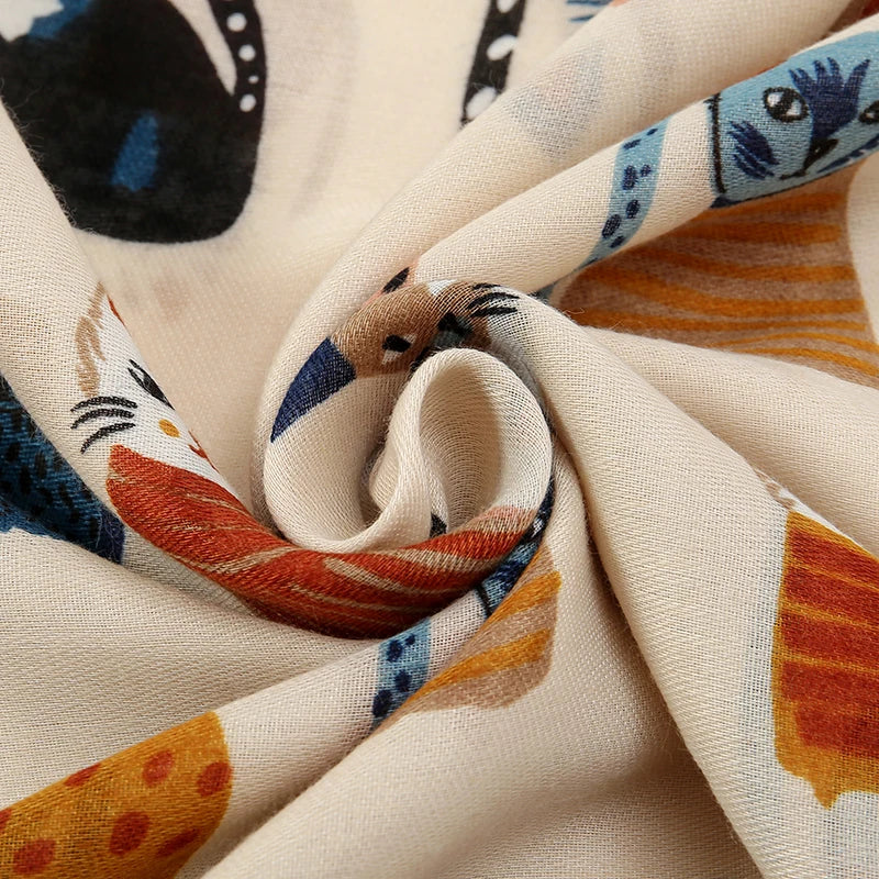 Écharpe Motif Chat Cartoon Viscose Douce Longue | MDN