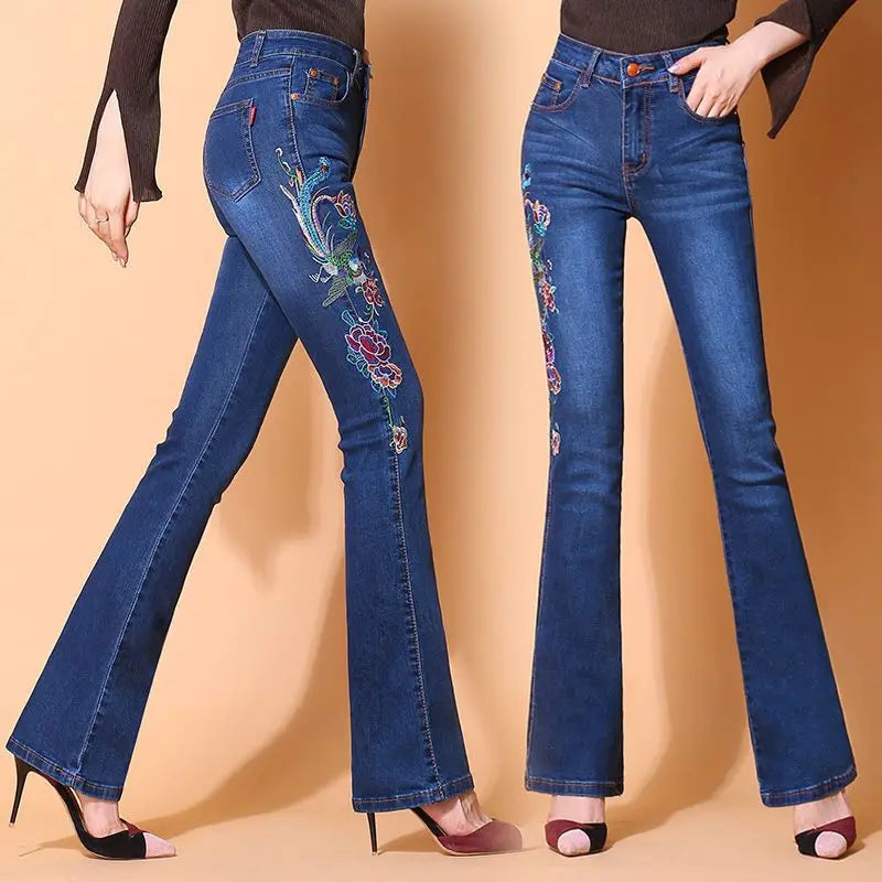 Jean Flare Femme Broderie Ethnique Bleu | MDN Store