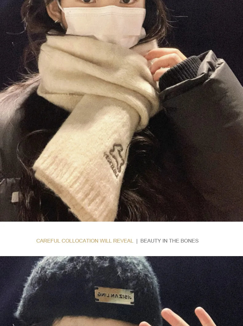 Écharpe Laine Lapin Brodé Beige | MDN