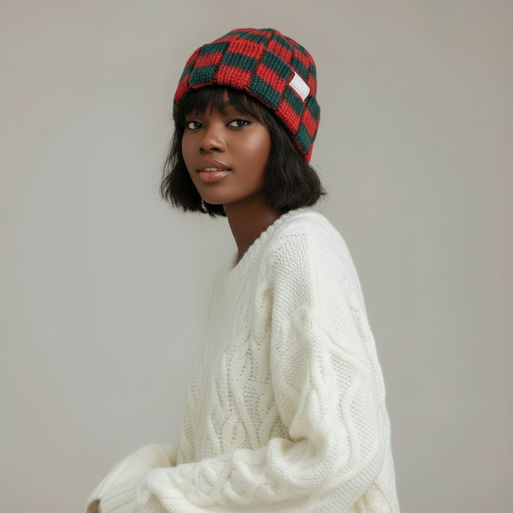 Bonnet Plaid Laine Tricotée Femme - Chaud Hiver Coupe-Vent | MDN