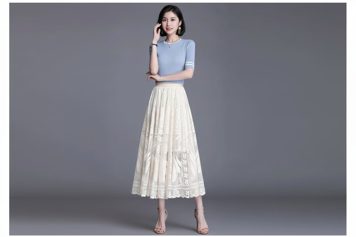 Jupe Longue Dentelle Plissée Taille Haute | MDN Store