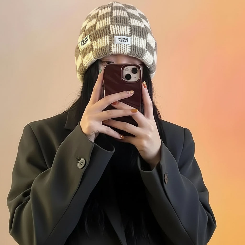 Bonnet Plaid Laine Tricotée Femme - Chaud Hiver Coupe-Vent | MDN