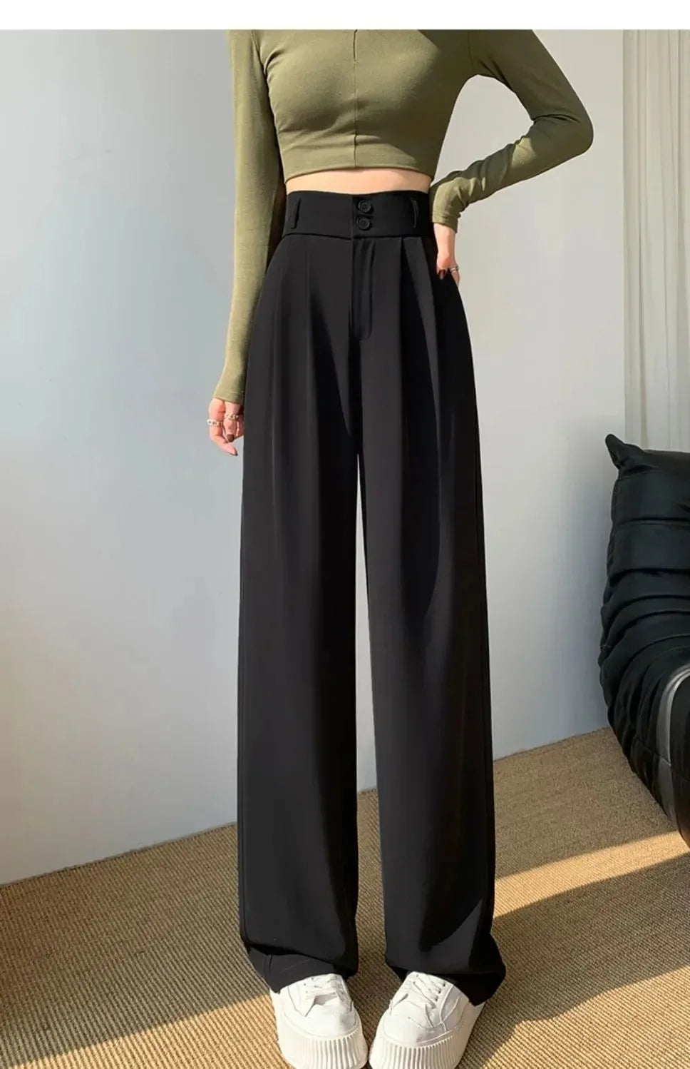 Pantalon Femme Large Taille Haute Coréen - Baggy Bureau Élégant Streetwear Noir | MDN