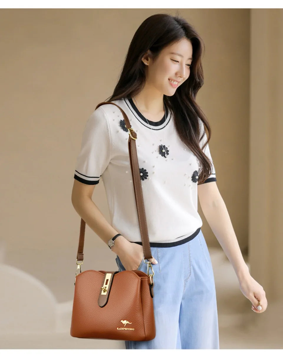 Sac à Main Femme Cuir Véritable Seau Bandoulière Trois Compartiments - MDN