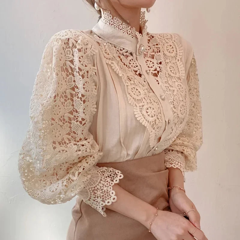 Blouse Femme Col Haut Manches Longues Dentelle | MDN Store