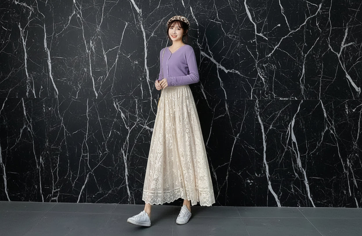 Jupe Longue Dentelle Plissée Taille Haute | MDN Store