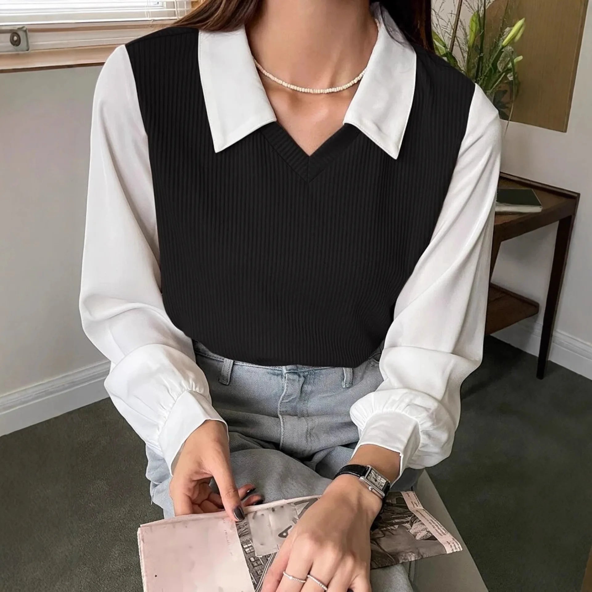 Été Blouse Femme Korean Style False Two-piece Polo Col Blouses Y2k... | MDN Store