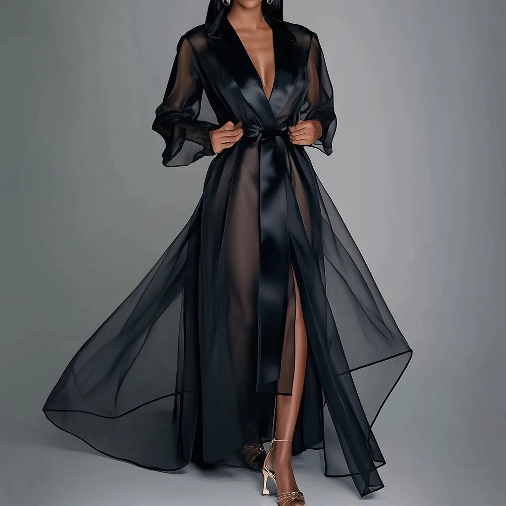 Robe Longue Organza Transparente Lacage Col Revers Soiree | MDN Store