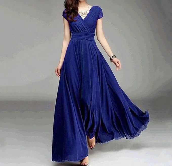 Robe Longue Femme Mousseline Manches Courtes Soiree Élégante | MDN Store