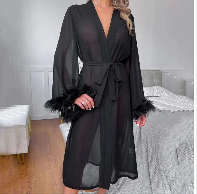 Peignoir Soie Plumes 3/4 Été | MDN Store