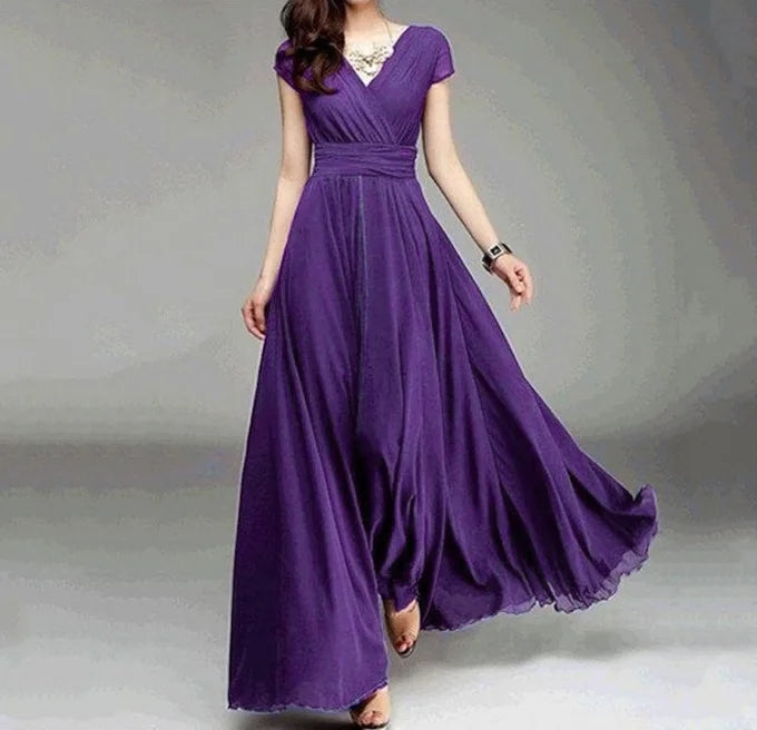 Robe Longue Femme Mousseline Manches Courtes Soiree Élégante | MDN Store
