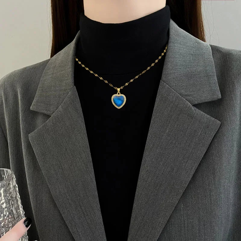 Collier Cœur Acier Inoxydable Zircon Bleu Femme | MDN