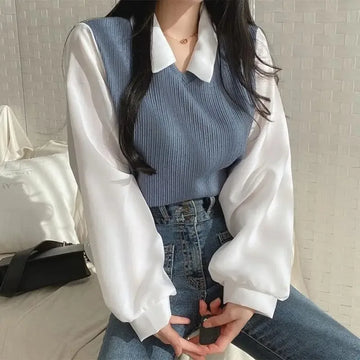 Été Blouse Femme Korean Style False Two-piece Polo Col Blouses Y2k... | MDN Store
