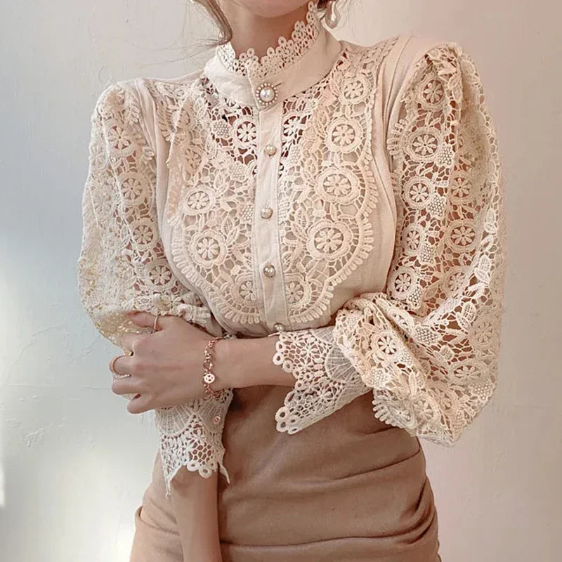 Blouse Femme Col Haut Manches Longues Dentelle | MDN Store