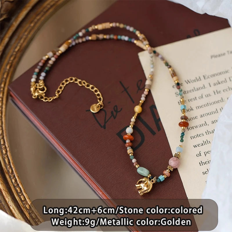Collier Perles Pierre Naturelle Pendentif Elephant Retro Femme | - MDN Store 25