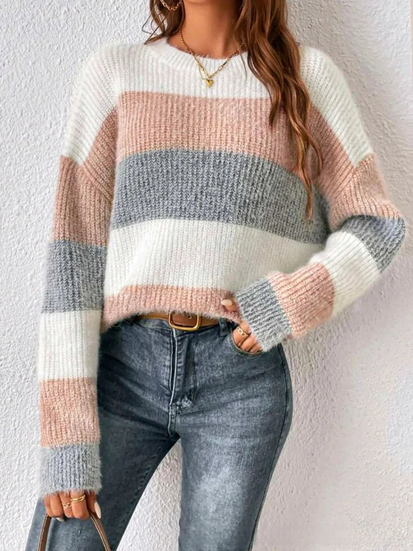 Pull Femme Raye Col Rond Ample Ajusté Tricot Epais Style Francais 2 | MDN Store