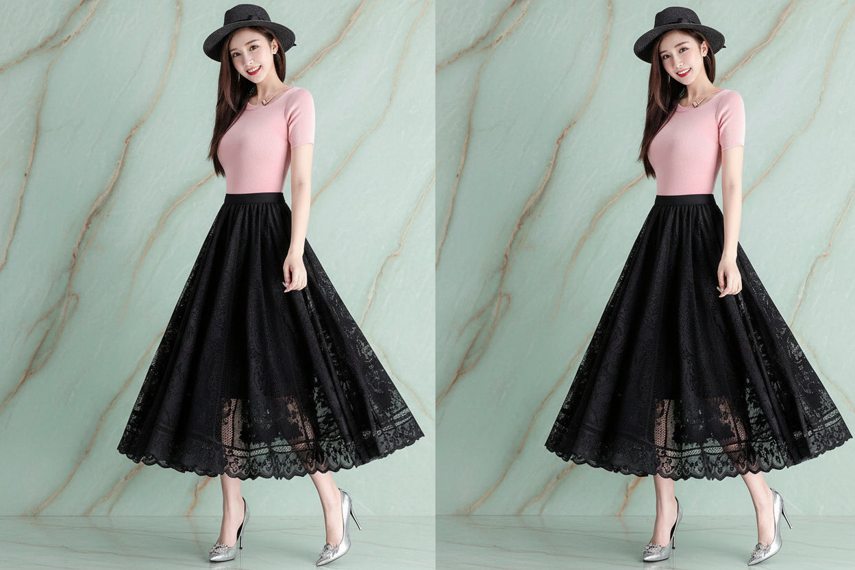 Jupe Longue Dentelle Plissée Taille Haute | MDN Store