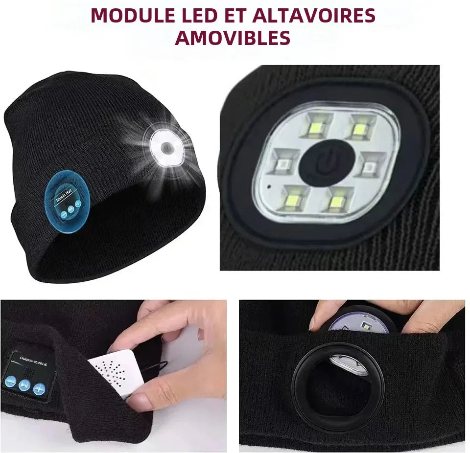 Bonnet Bluetooth 5.0 LED Hiver avec Écouteurs Sans Fil Micro Rechargeable | MDN