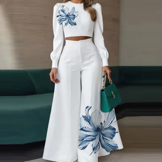 Ensemble Floral Top Manches Bouffantes Blanc | MDN