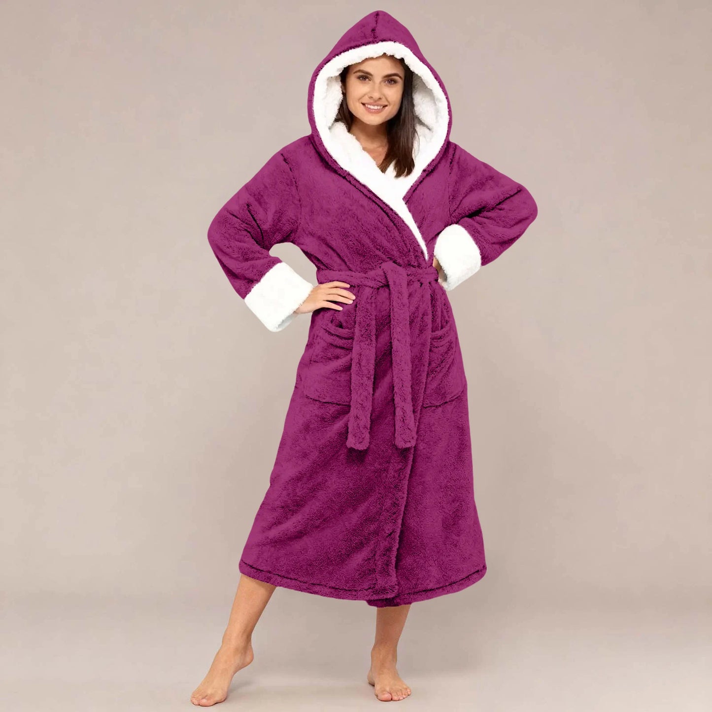 Peignoir Femme Peluche Ceinture Manches Longues Hiver | MDN