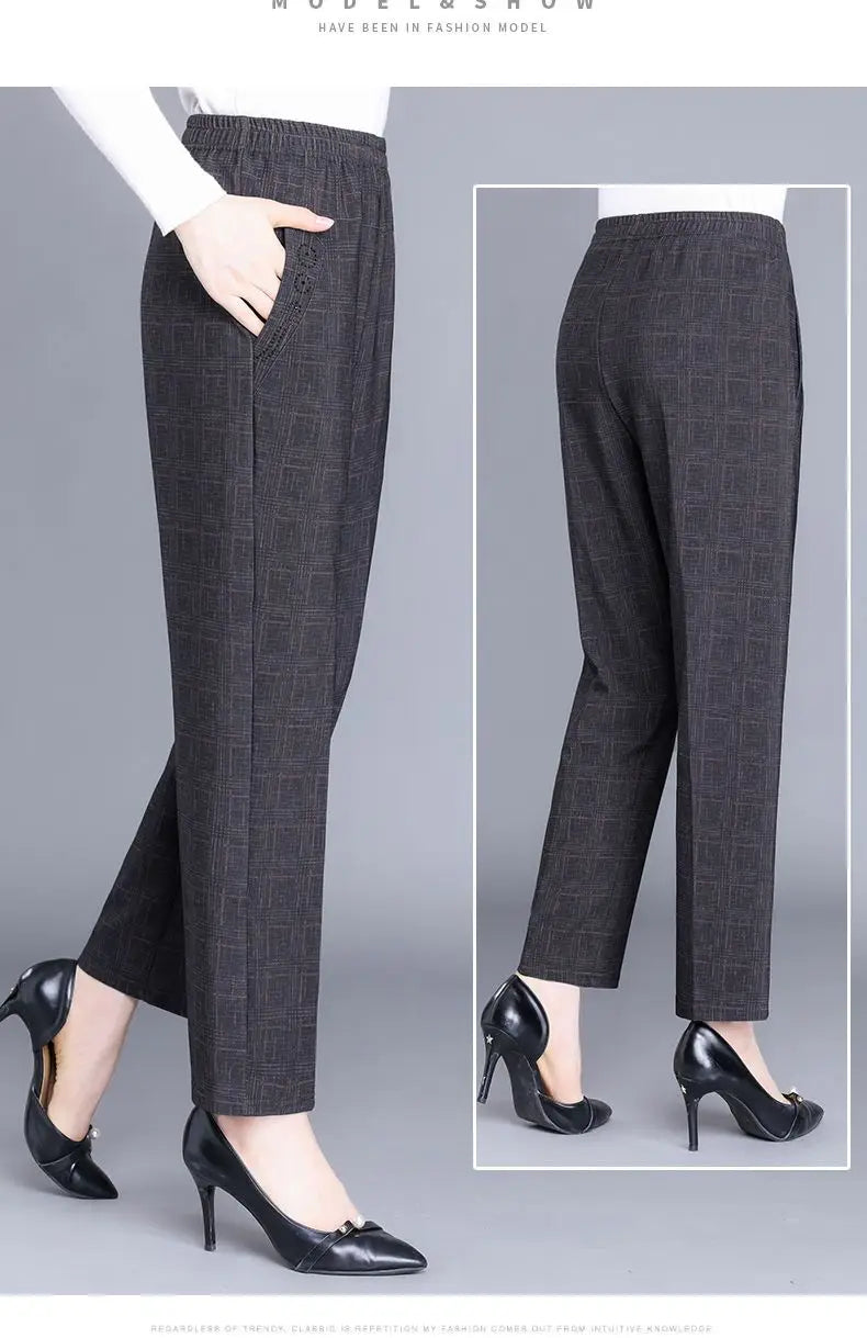 Pantalon Femme Carreaux Taille Élastique - Longueur Cheville Automne Hiver | MDN