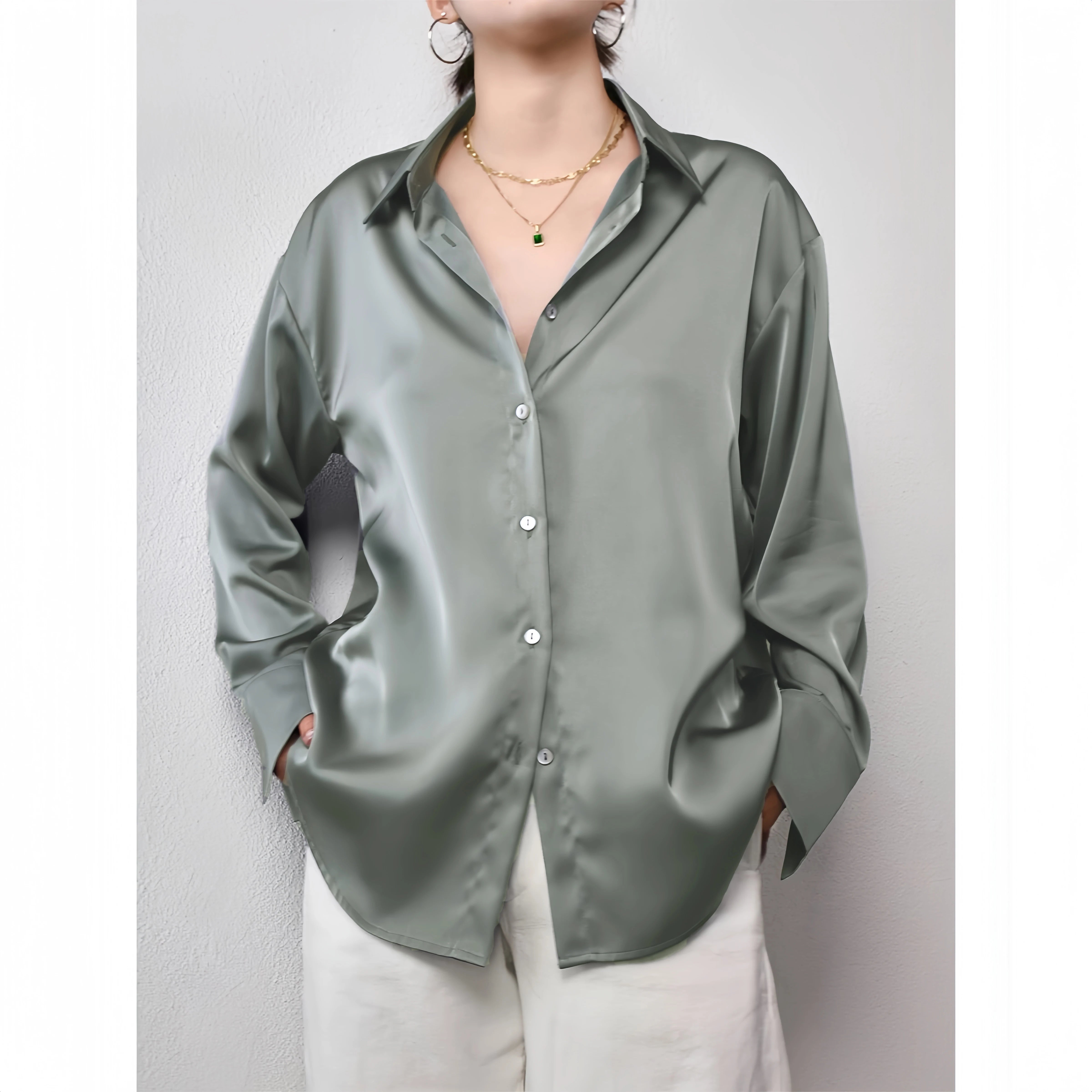 Korean Bureau Femme Trend Décontracté Chemise Élégant Blouses pour Femme Satin Multicolor Basic Slim Chemise Uni All-Match
