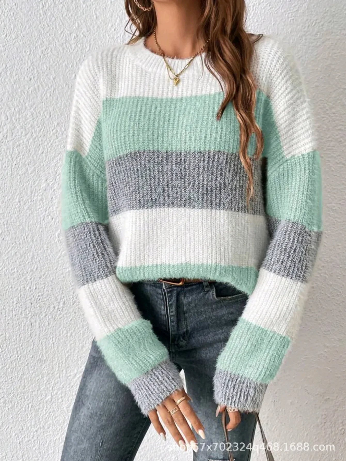 Pull Femme Rayé Col Rond Loose Fit Hiver Épais | MDN