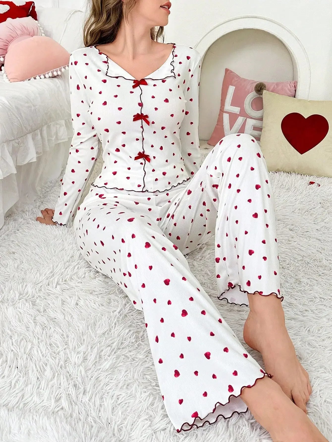 Pyjama Femme Rouge Cœurs 2 Pièces Manches Longues | MDN
