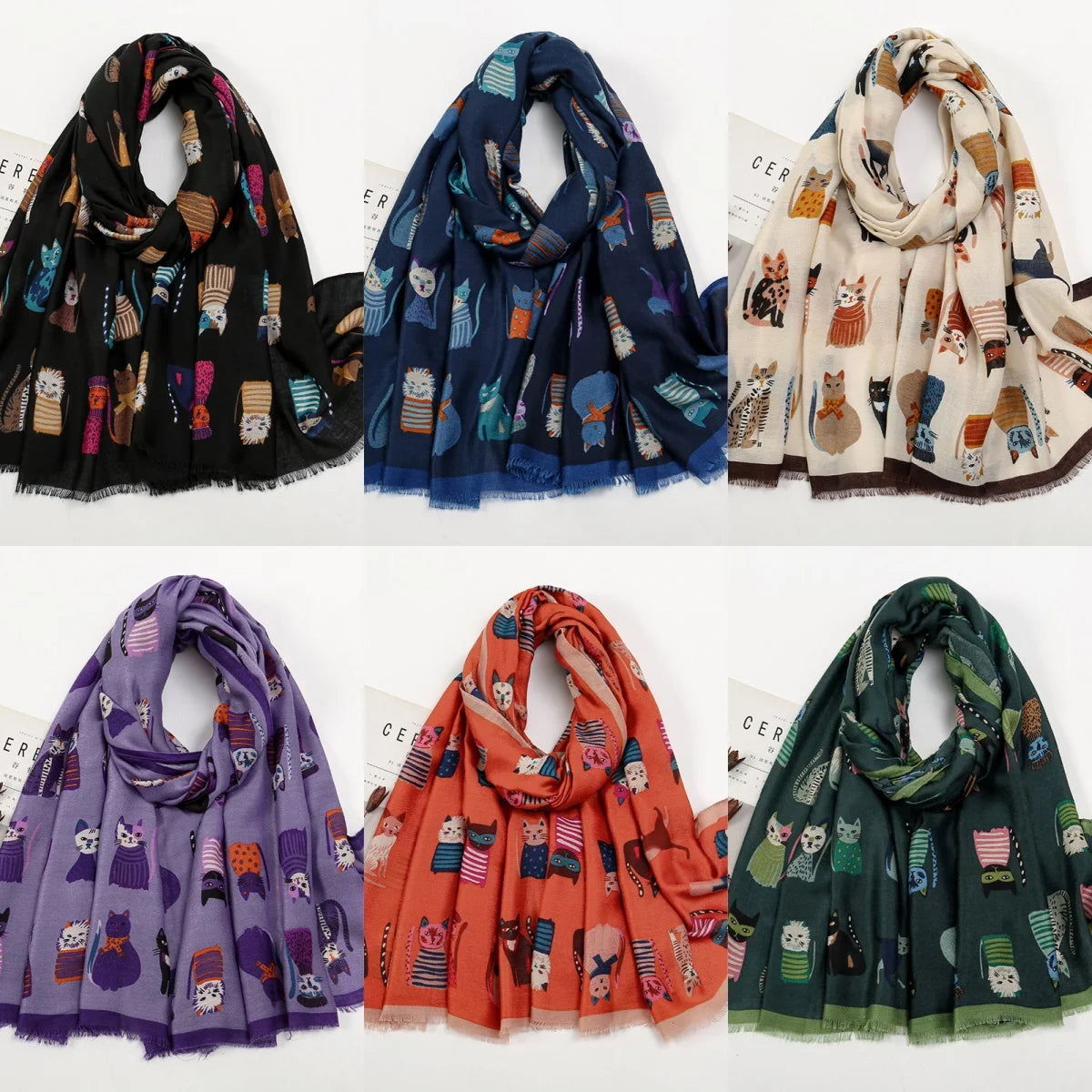 Écharpe Longue Viscose Chat Cartoon Coloré Femme | MDN Store