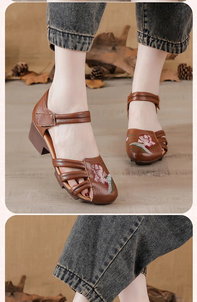 Sandales Talons Carrés Cuir Brodées Lorilury | MDN Store