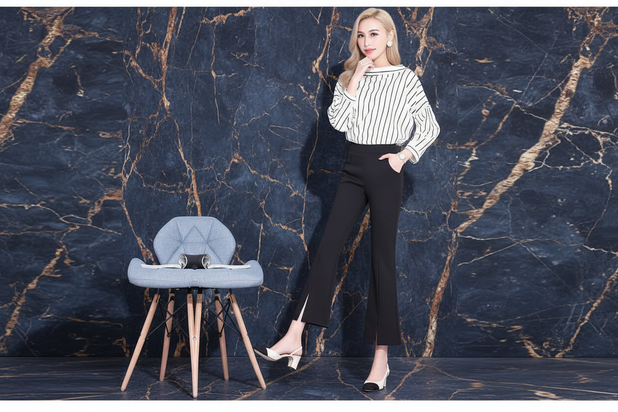 Pantalon Évasé Taille Haute Noir Dentelle Femme Élégant | MDN Store